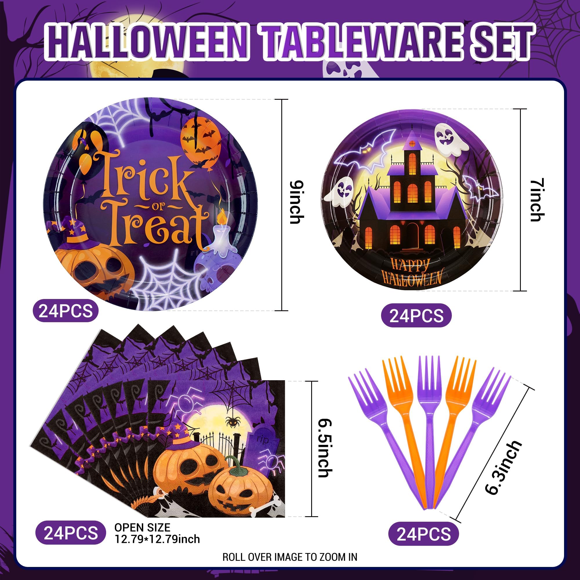 SCIONE 96 Pcs Halloween Party Supplies, Purple Halloween Plates and Napkins Trick Or Treat Tableware Set, Happy Halloween Holiday Pumpkin Ghost Dinnerware Party Decorations Serve 24 Guests