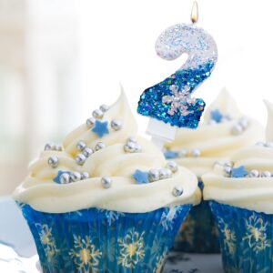 Blue Birthday Candles 3, Blue and White Glitter Birthday Number 3 Candles with Snowflake Party Supplies