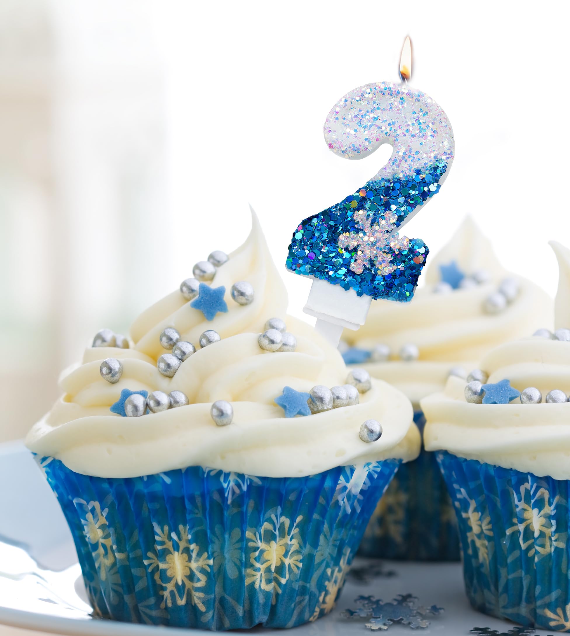 Blue Birthday Candles 3, Blue and White Glitter Birthday Number 3 Candles with Snowflake Party Supplies