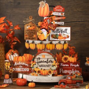 16 Pcs Fall Tiered Tray Decor Pumpkin Gnome Truck Wooden Signs Fall Table Decorations Centerpieces Farmhouse Thanksgiving Decor for Home Autumn Harvest Table Shelf Decor