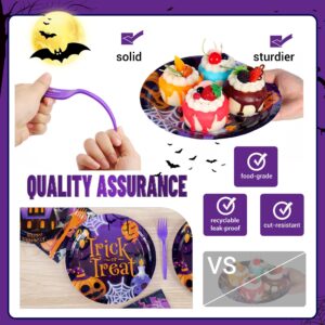 SCIONE 96 Pcs Halloween Party Supplies, Purple Halloween Plates and Napkins Trick Or Treat Tableware Set, Happy Halloween Holiday Pumpkin Ghost Dinnerware Party Decorations Serve 24 Guests