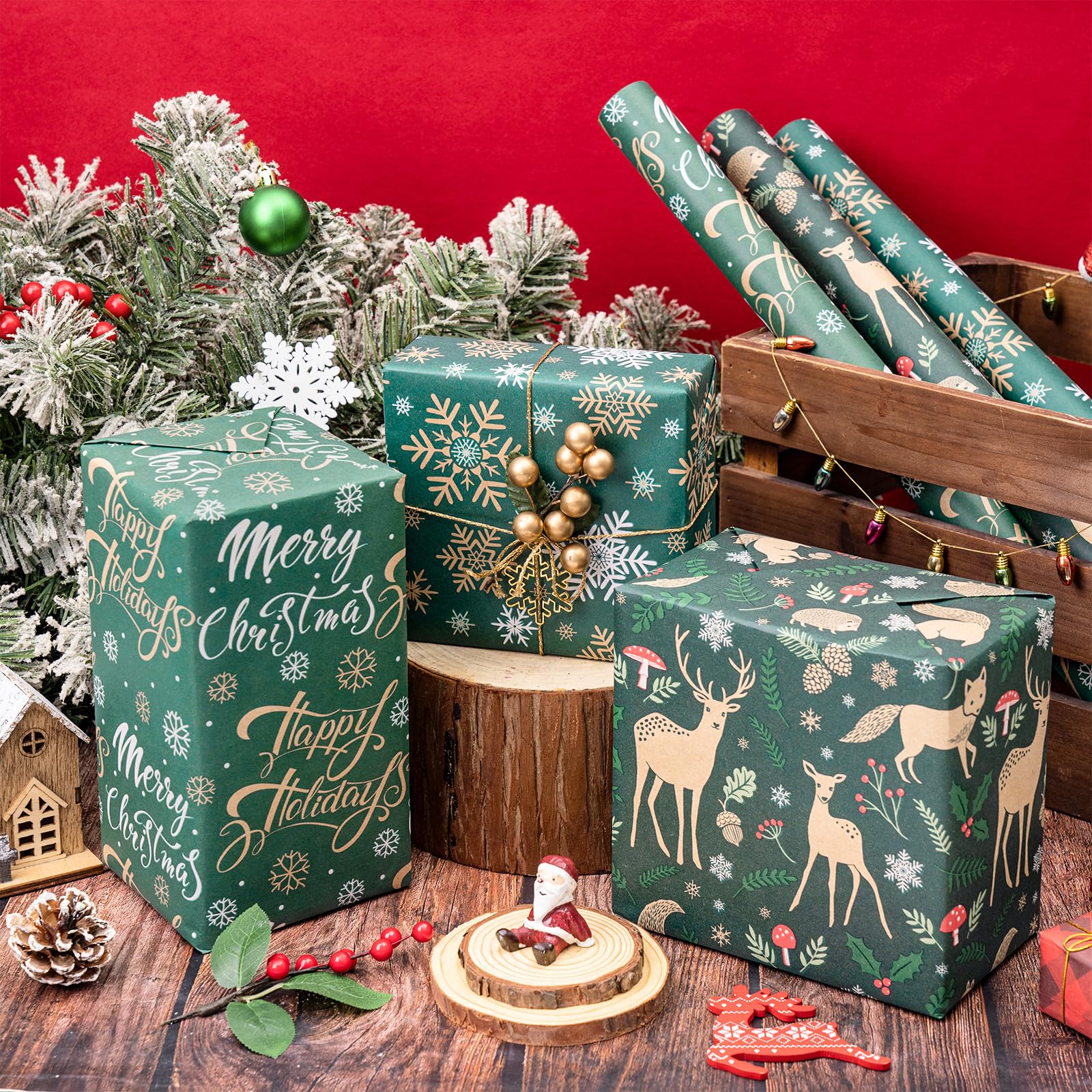 RUSPEPA Christmas Animals Wrapping Paper Rolls - 17 inches x 10 feet per Roll, Total of 3 Rolls - Green Design