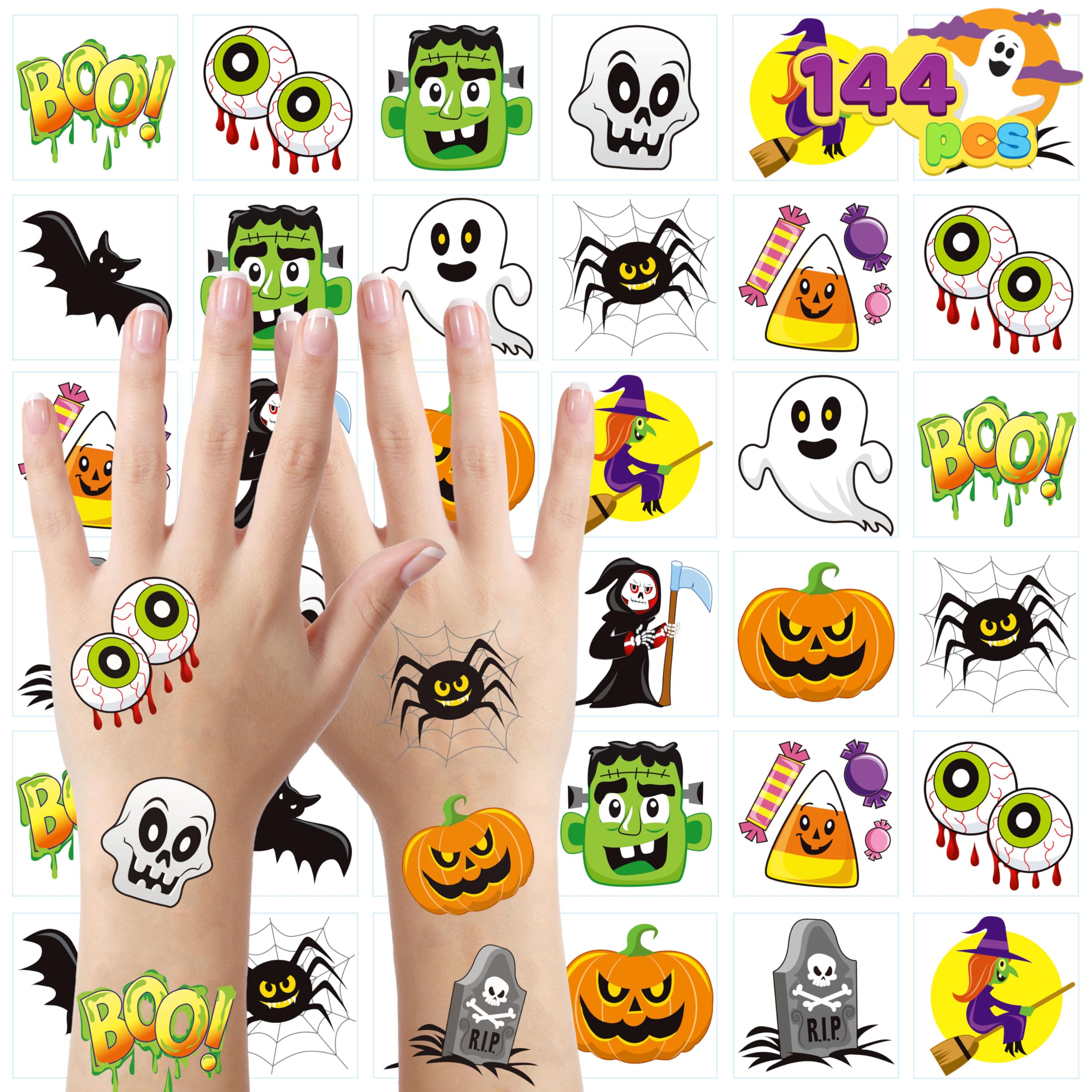 JOYIN 144 PCS Halloween Temporary Tattoos for Kids, 12 Designs Bulk Fake Tattoos Stickers for Halloween Party Favors Decorations, Supplies Trick or Treat Game Gifts Goodie Bags, Class Game Prizes