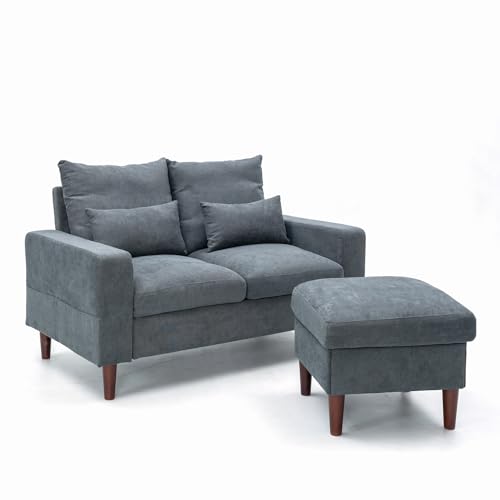 Panana 2 Seater Sofa with Footstool Compact Loveseat Couch Living Room Furniture with Armrest, Grey 2 Seater with Footstool