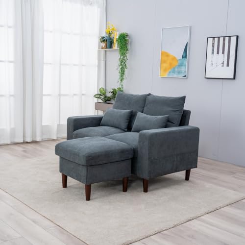 Panana 2 Seater Sofa with Footstool Compact Loveseat Couch Living Room Furniture with Armrest, Grey 2 Seater with Footstool