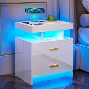 hnebc led nightstand, rgb white night stand with usb/wireless charging station, modern bedside table has auto sensor rgb lights, end side table with 2 drawer for bedroom furniture, white