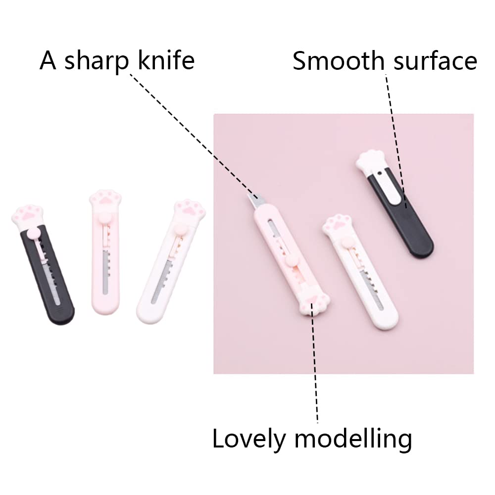 BAIWANLCH 3 Pcs Mini Box Cutter Retractable Cartoon Blade Box Opener Cute Box Cutter Shrink Box Cutter Cute Cat Claw Utility Knife Wrap for Cartons Cardboard Handmade Work (Random Color)