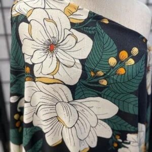 Camellia Flower Print Linen Rayon - Green/Gold/White - Fabric by The Yard