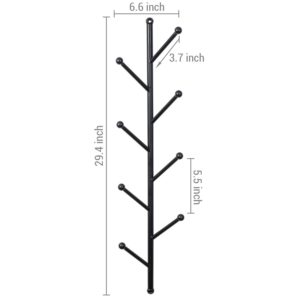 MyGift 8 Hook Wall Mounted Modern Matte Black Metal Hat and Coat Hanger Tree, Decorative Vertical Hanging Garment Rack with Branch Style Hooks for Entryway