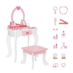 oook kids vanity set,table & chair vanity set with mirror（includes 15 pcs multiple make up accessories, makeup dressing table with storage drawer, pink