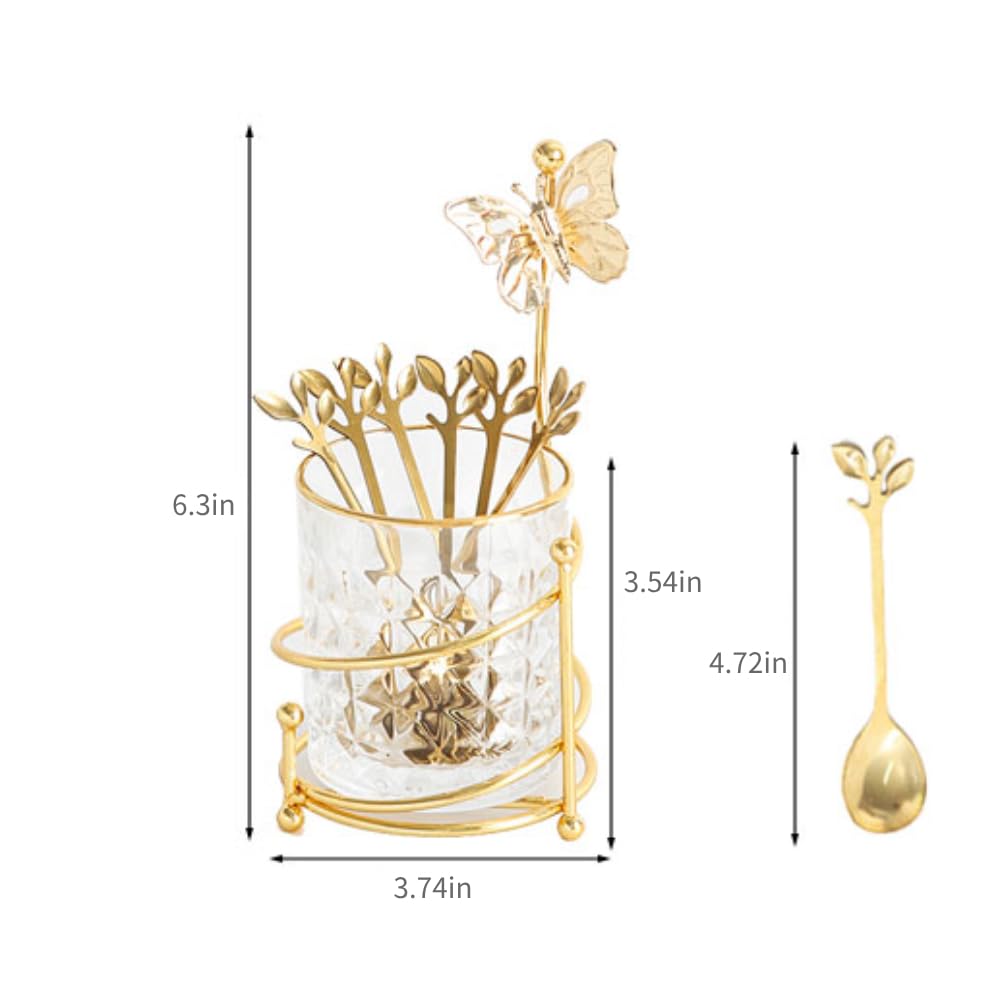 INPROPEXT 6PCS Coffee Spoons Set with Glass Holder,Small Stainless Steel Gold Tea Spoons,Mini Dessert Spoons Set for Fruit,Stirring, Mixing, Sugar, Ice Cream, Cake (6 x Spoons)