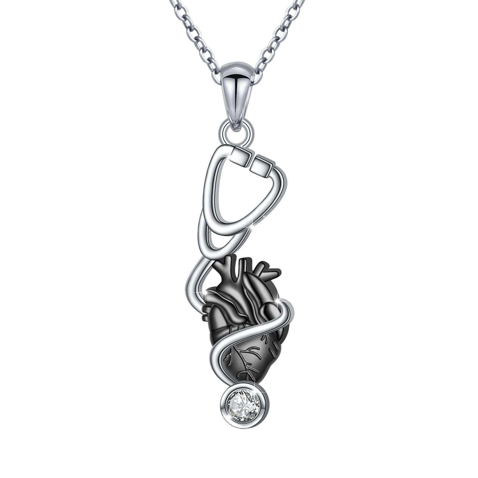 YinShan Nurse Necklace S925 Sterling Silver Nurse Day Doctor Anatomical Organ Heart with Stethoscope Pendant Necklace Graduation Gift for Female Medical Student Healthcare Workers Jewelry