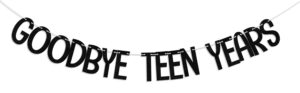 goodbye teen years banner, 20th birthday decorations, 20 & fabulous, happy 20 years old anniversary party decoration supplies black