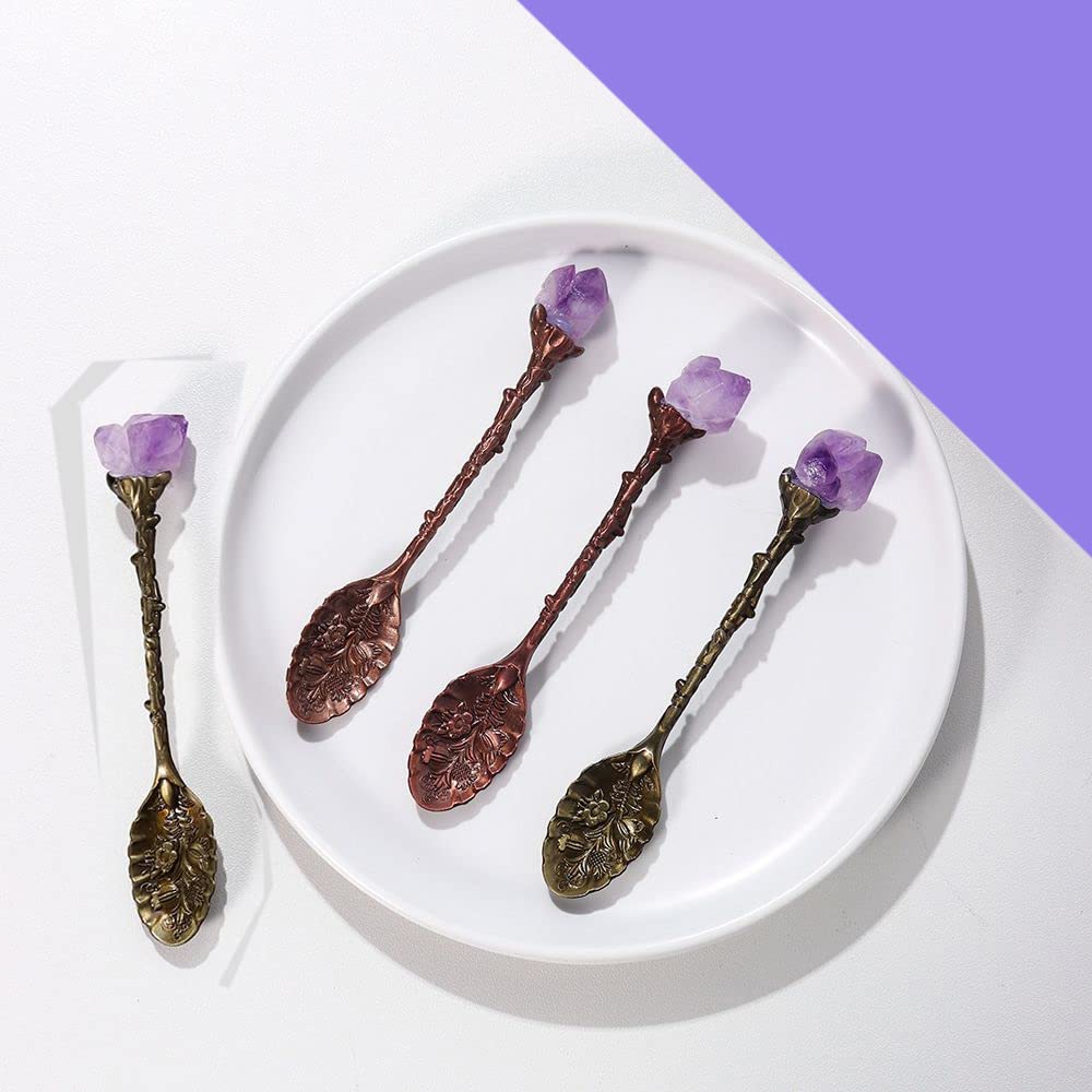 Leadigol 2pcs Retro Crystal Antique Spoon Coffee Spoon Tea Spoon,Amethyst Crystal Alloy Spoons,Mini Ice Cream Decorative Spoons, for Home Office