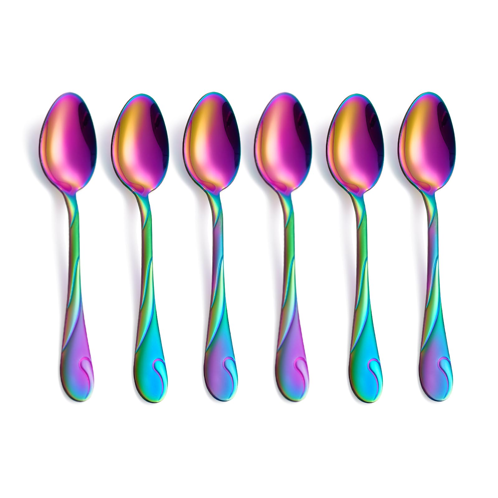 Rainbow Dessert Spoons, Seeshine 6.5-inch Stainless Steel Shiny Rainbow Teaspoon, Espresso Coffee Spoon, Tea Spoons Silverware, Set of 6