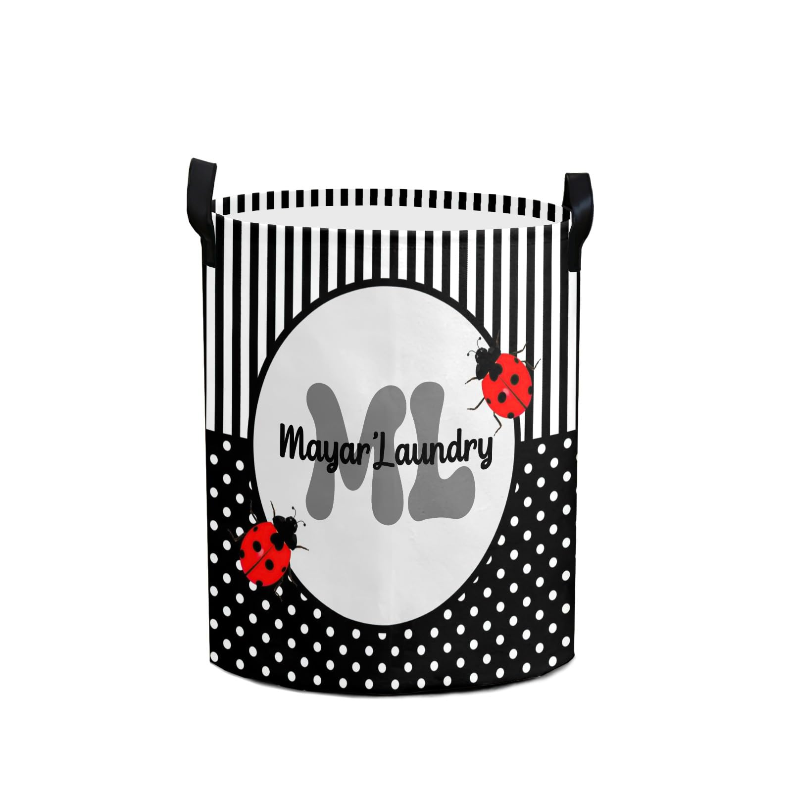 Striped Dots Ladybird Monogram Personalized Laundry Basket Laundry Hamper Clothes Bag Collapsible Tall with Handles,Waterproof,Storage Baskets for Bathroom College Dorm Family Essentials