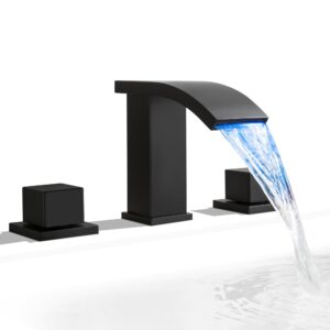 skowll led faucet bathroom sink 3 hole waterfall lavatory vanity faucet 8 inch spread bath faucet 2 handle with light, matte black