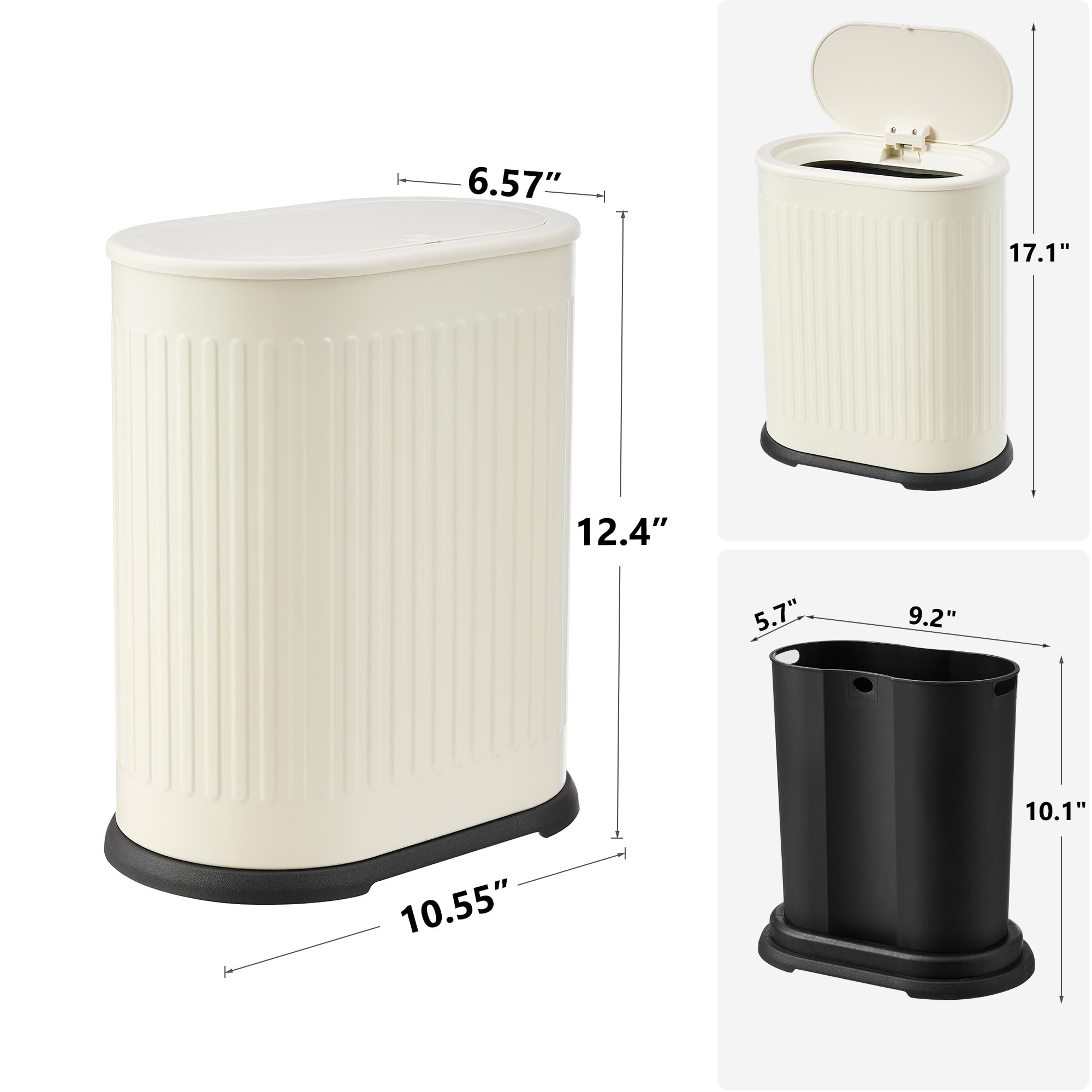 Nunsino Slim Trash Can includes 40 Garbage Bags, 6Liter/1.6 Gallon Trash Can with Press-to-Open Lid for Bathroom, Kitchen, Stainless Steel, Rust-Resistant and Fingerprint-Proof, White