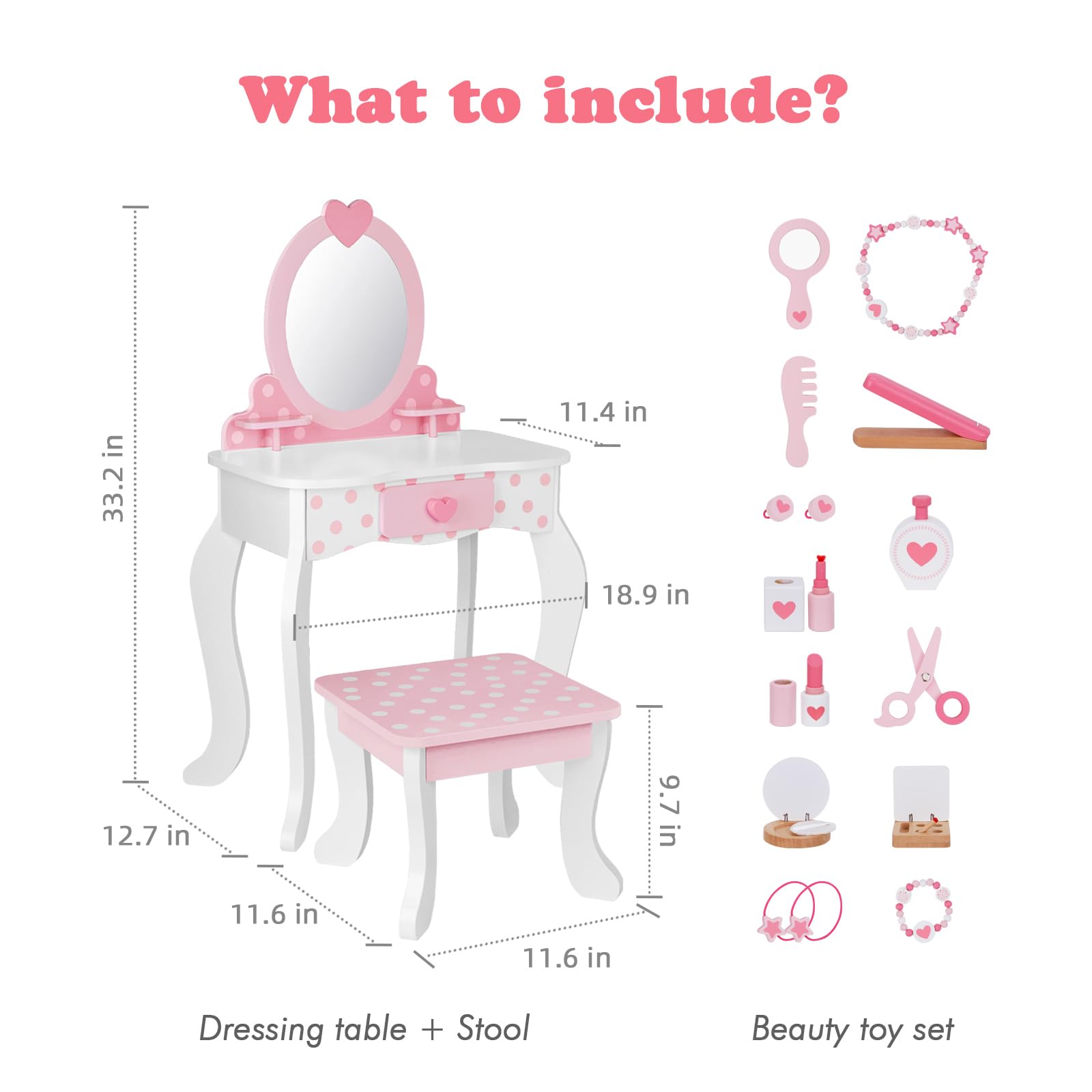 OOOK Kids Vanity Set,Table & Chair Vanity Set with Mirror（Includes 15 pcs Multiple Make up Accessories, Makeup Dressing Table with Storage Drawer, Pink