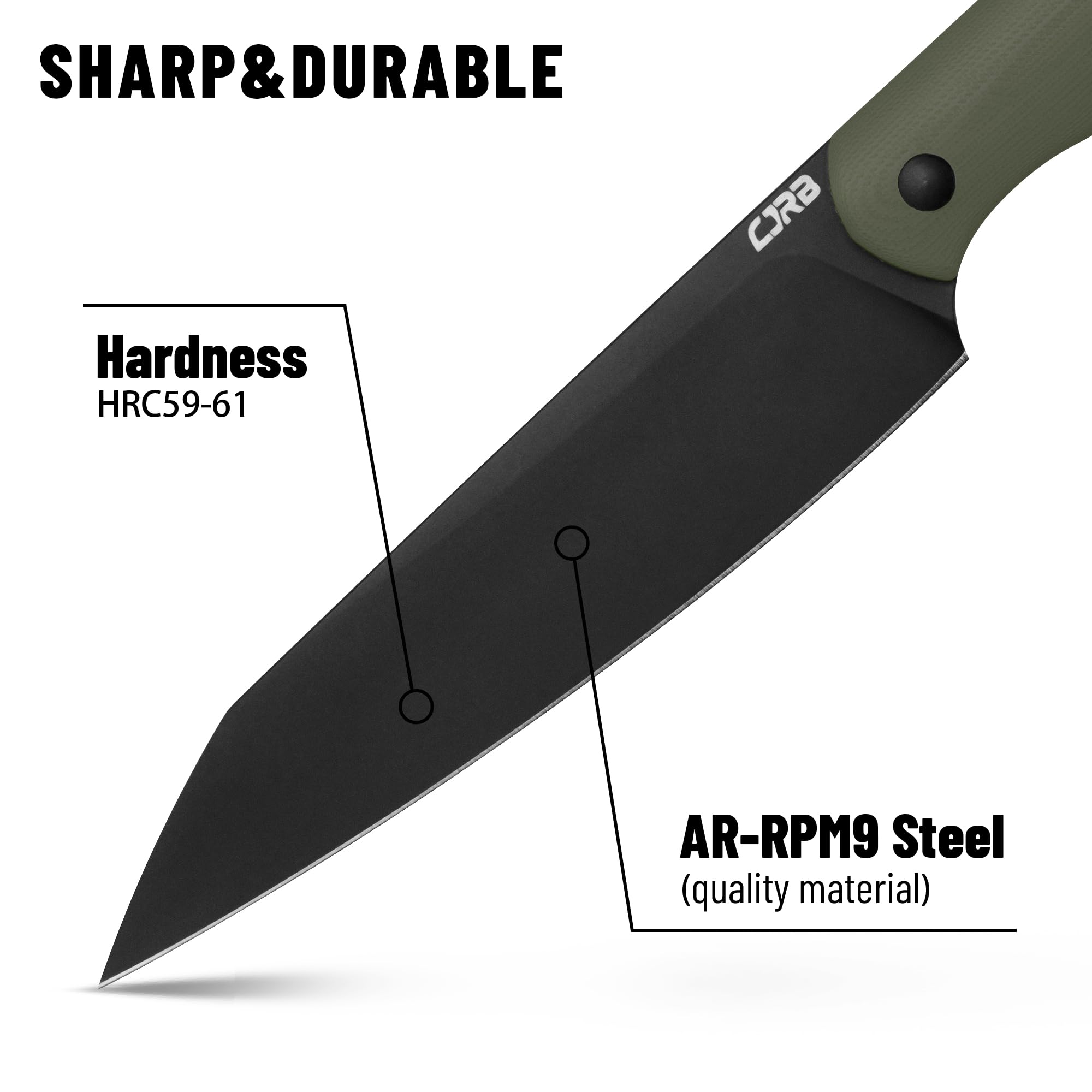 CJRB CUTLERY EDC Fixed Blade Knives Silax (J1921B) AR-RPM9 Steel Black PVD Blade and OD Green G10 Handle Pocket Knife with Kydex Sheath and Lanyard for Camping Fishing Outdoor