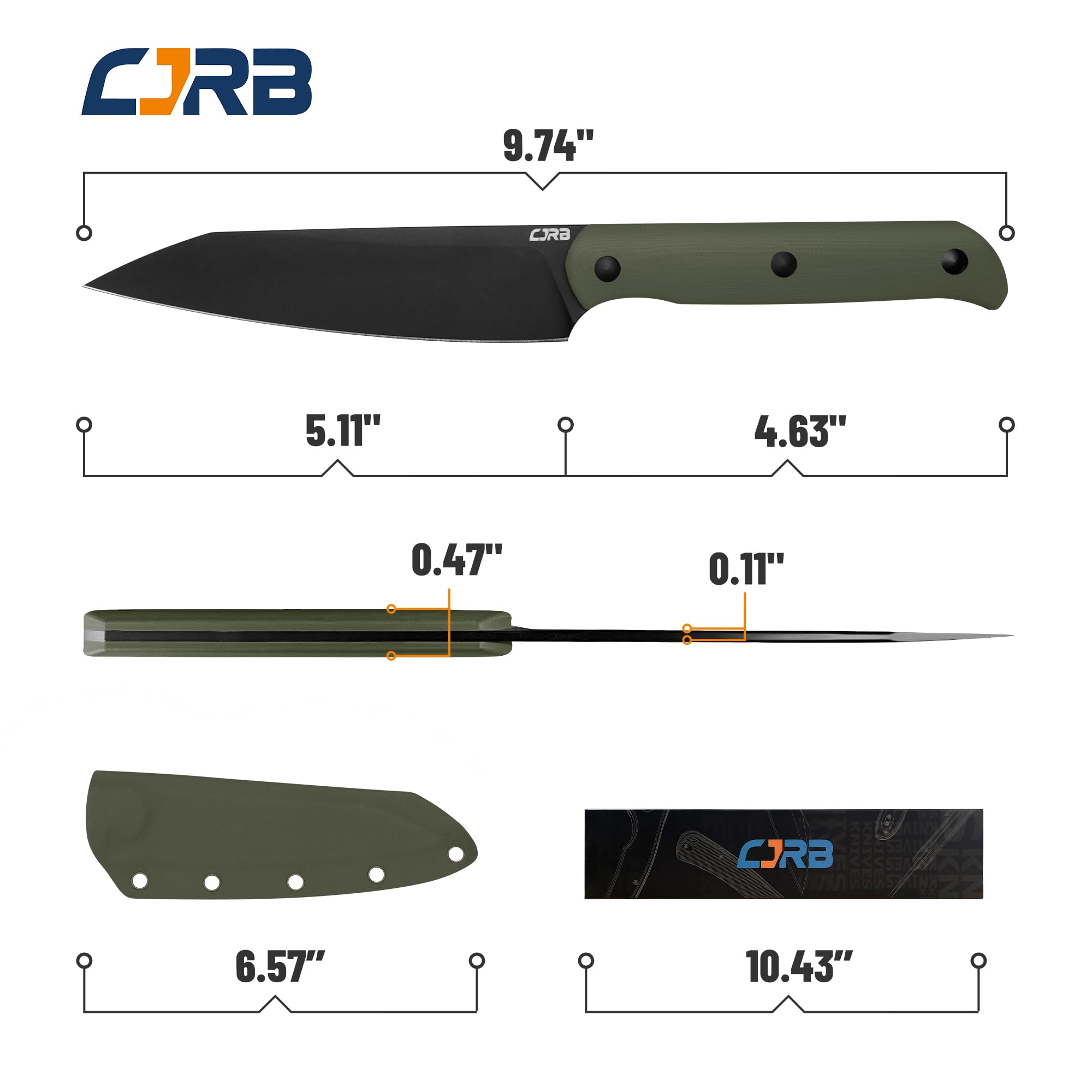 CJRB CUTLERY EDC Fixed Blade Knives Silax (J1921B) AR-RPM9 Steel Black PVD Blade and OD Green G10 Handle Pocket Knife with Kydex Sheath and Lanyard for Camping Fishing Outdoor