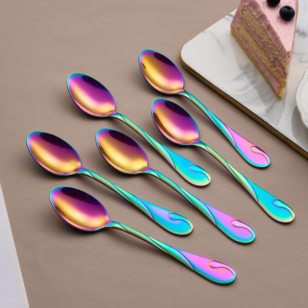 Rainbow Dessert Spoons, Seeshine 6.5-inch Stainless Steel Shiny Rainbow Teaspoon, Espresso Coffee Spoon, Tea Spoons Silverware, Set of 6