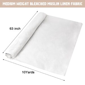 Muslin Fabric 100% Cotton Muslin Linen Fabric 63 inch x 10 Yards Medium Weight Textile Bleached White Cotton Fabric by Yard for Sewing Apparel Cloth