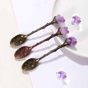 Leadigol 2pcs Retro Crystal Antique Spoon Coffee Spoon Tea Spoon,Amethyst Crystal Alloy Spoons,Mini Ice Cream Decorative Spoons, for Home Office