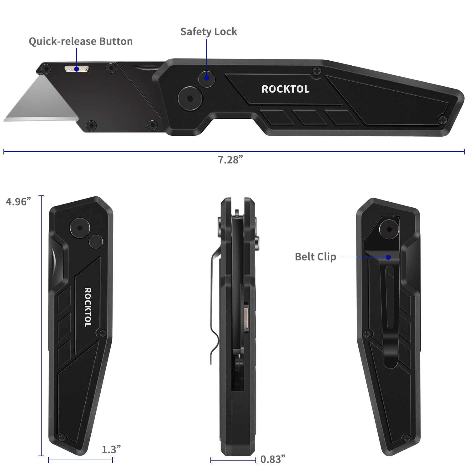 ROCKTOL Utility Knife, 3-Pack Folding Knives Lightweight Reinforced Handle, Quick-change Blade, Button Lock, with 15 Extra Blades