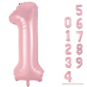 pastel pink 1 balloons, 40 inch giant light pink helium foil number 0-9 for girls, self inflating 1st birthday balloon for women anniversary baby shower princess party decorations supplies