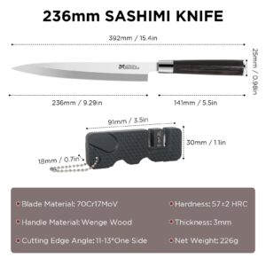 KANKIKUSUI Left-Handed Sashimi Knife, 9.3" Sushi Knife, HC70cr17mov Superior Japanese Steel Yanagiba Knife Set with Sharpener/Gift Box