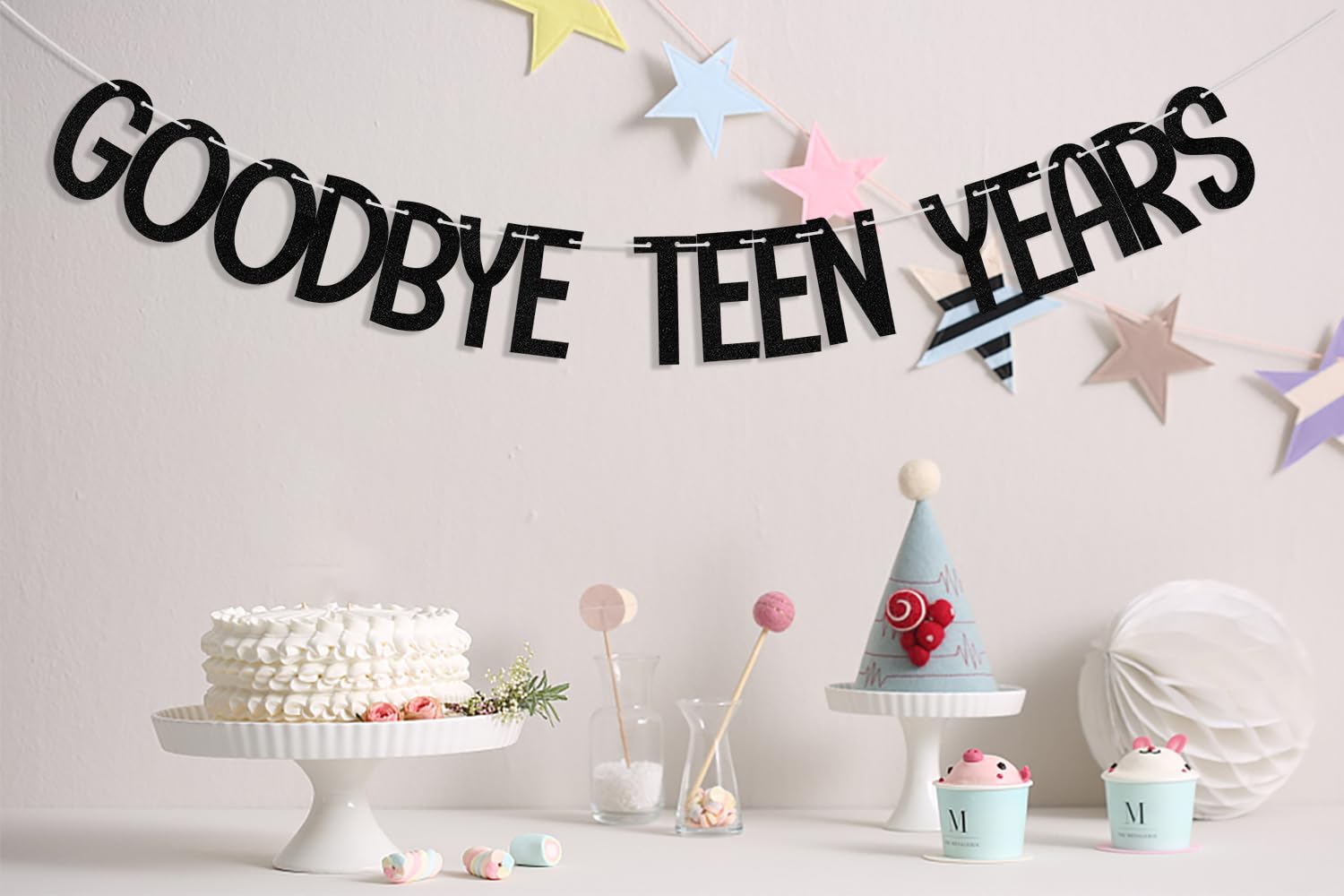 Goodbye Teen Years Banner, 20th Birthday Decorations, 20 & Fabulous, Happy 20 years old Anniversary Party Decoration Supplies Black