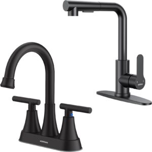 matte black bathroom sink faucet with pop-up drain and supply hose, 4 inch faucet for bathroom sink vanity, kitchen faucet with pull down sprayer, kitchen faucets for sink 3 hole bar rv camper laundry