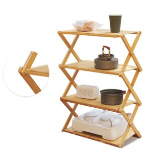 rosvola foldable wood rack, strong bearing capacity wide applications camping portable folding shelf for outdoor (4 layers)