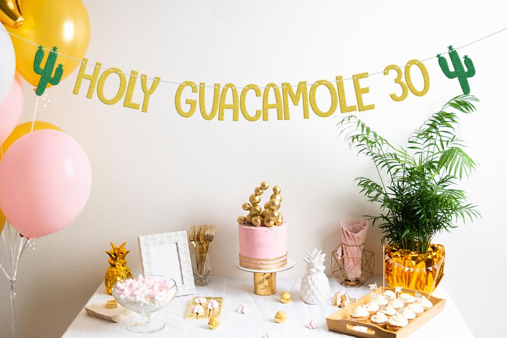 Holy Guacamole 30 Banner, Mexican Fiesta 30th Birthday Decorations, Taco Cactus Thirty Birthday Anniversary Cinco De Mayo Theme Party Supplies Gold Green