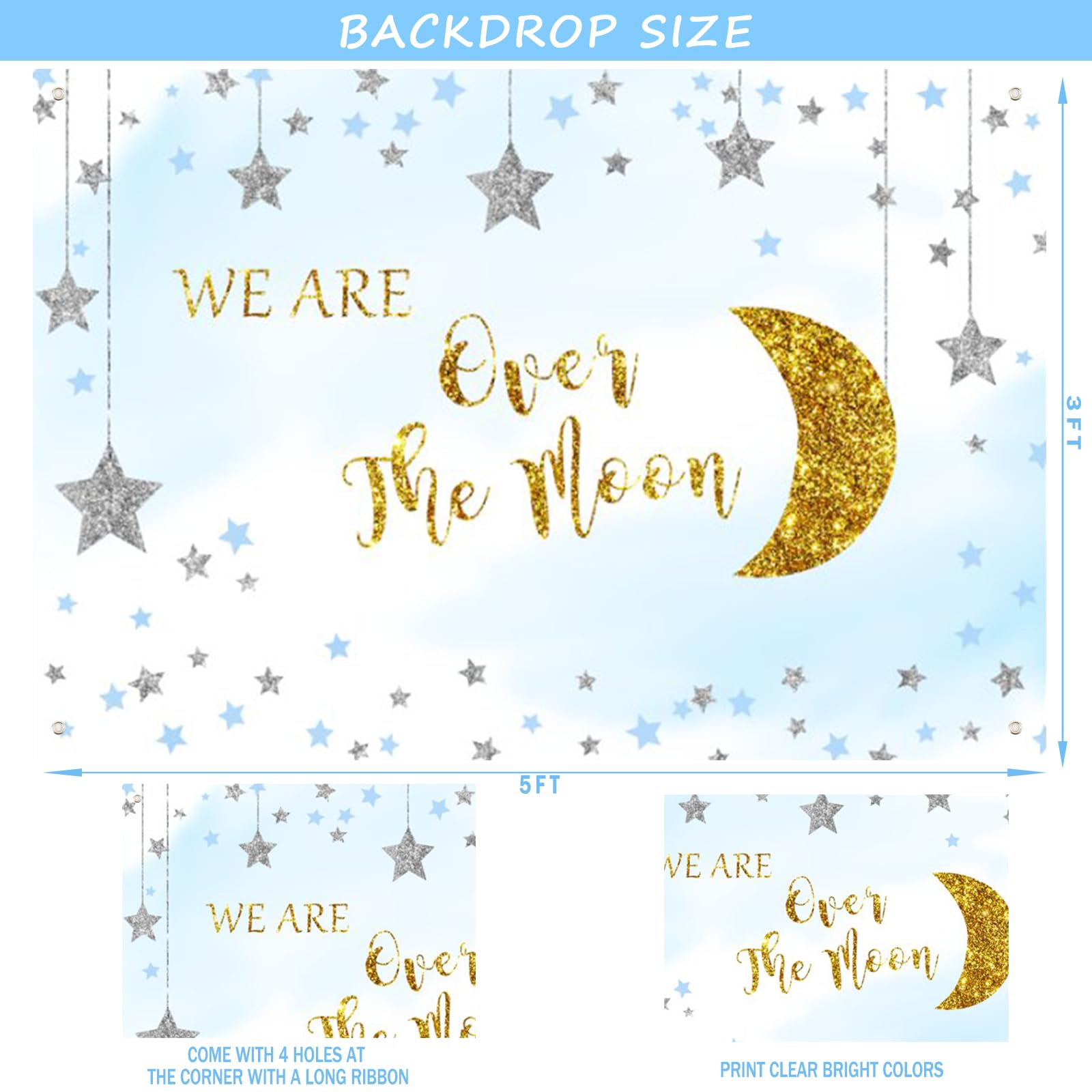 154 PCs Over The Moon Baby Shower Decorations, Fiesec We Are Over The Moon Baby Shower Decorations Backdrop Balloon Garland Glitter Banner Cake Cupcake Topper Boxes Cutout Starry Night Galaxy Sliver