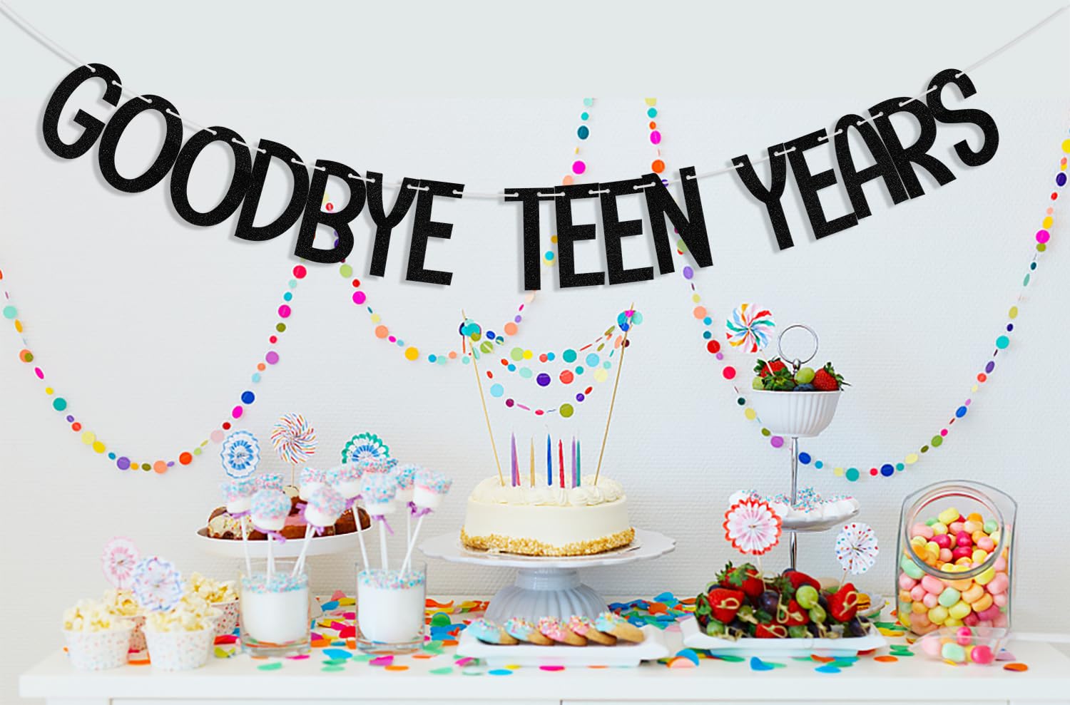 Goodbye Teen Years Banner, 20th Birthday Decorations, 20 & Fabulous, Happy 20 years old Anniversary Party Decoration Supplies Black