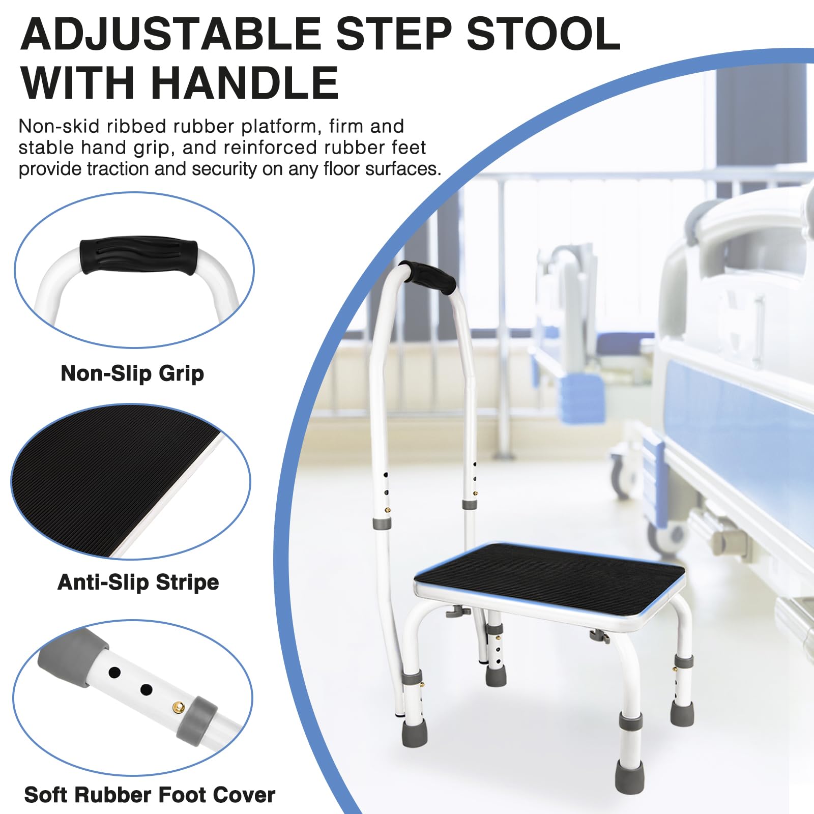 Step Stool with Handle, Adjustable Step Stool, Bed Step for High Beds for Adults, Elderly Bedside, Height Adjustable Elderly Step Stool, Padded Non-Slip Hand Grips, Heavy Duty Holds 330 Lbs