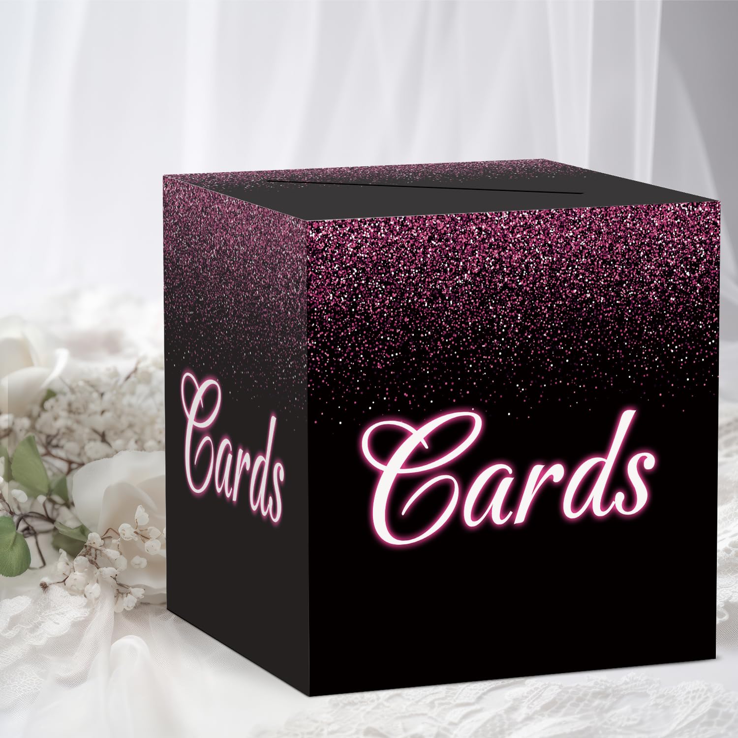 Rose Gold Card Box, Gift or Money Box Holder Party Favor Supplies, Black Pink Card Receiving Box for Birthday, Wedding Engagement, Bridal or Baby Shower Graduation Anniversary 8" Box 1 Count - 002