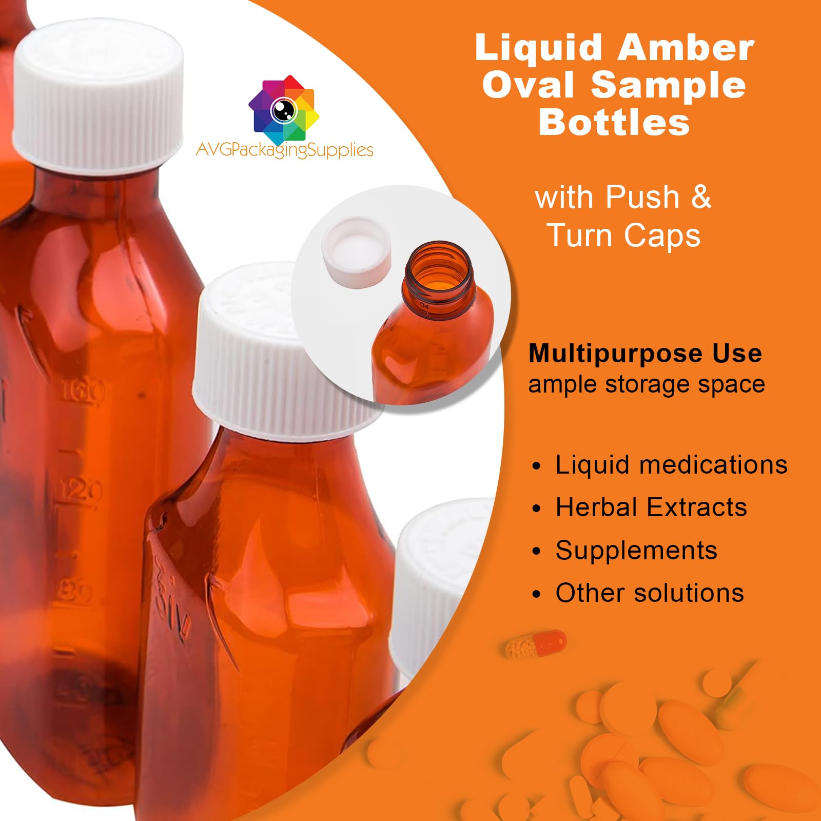 AVG Packaging Supplies Liquid Amber Oval Sample Bottles with Push & Turn Caps – Child Resistant Pharmacy Prescription Medicine Containers, 6oz Vials (100ct)