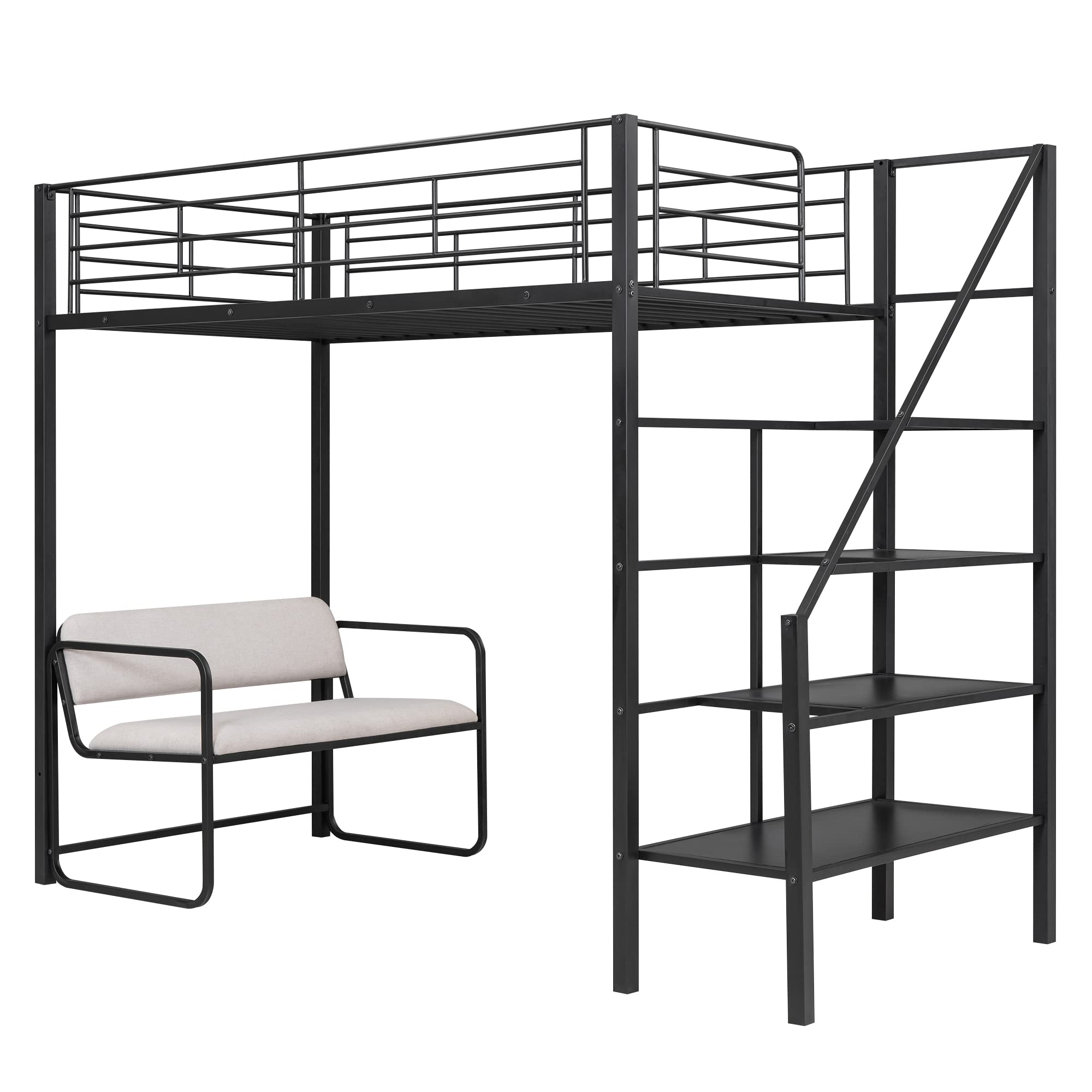 Twin Size Loft Bed with Storage Staircase and Bench, Metal Twin Loft Bed Frame for Kids Teens, Twin High Loft Bed, Metal Loft Bed with Full Length Guardrail and Slat (Twin, Black)