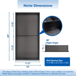 ZDHHT Black Shower Niche Wall Inserted, 12" X 24" X 4" Black Stainless Steel Shower Niche Double Shelves Recessed Modern Wall Niches No Tile Needed, for Kitchen Bathroom Bedroom or Tub Storage