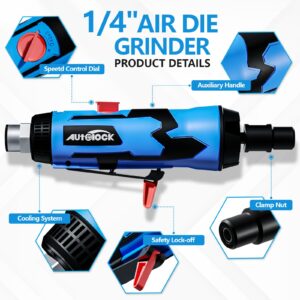 Autolock 1/4” Straight Air Die Grinder, 25000 RPM Pneumatic Die Grinder Tools with 1/4 Inch & 1/8 Inch Collets, Rear Exhaust