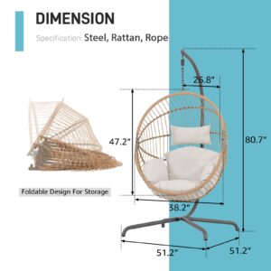 Patiorama Indoor Outdoor Egg Swing Chair with Stand, Oversized Cocoon-Shaped Rope Woven Hanging Chair, Cushion,Safety Strap,Patio Wicker Foldable Hammock Chair for Porch,Garden,Bedroom (Creamy White)