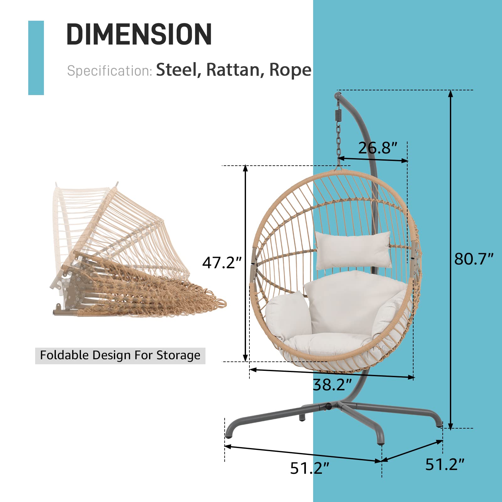 Patiorama Indoor Outdoor Egg Swing Chair with Stand, Oversized Cocoon-Shaped Rope Woven Hanging Chair, Cushion,Safety Strap,Patio Wicker Foldable Hammock Chair for Porch,Garden,Bedroom (Creamy White)