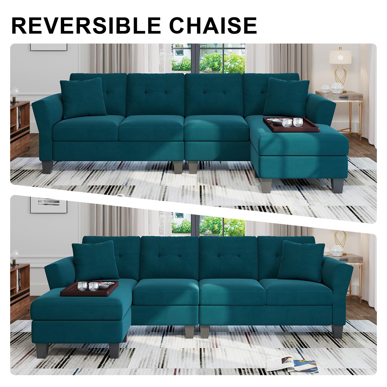 Belffin Velvet Couch Convertible L Shaped Sofa with Reversible Large Ottoman Storage Chaise Sectional Sofa Living Room Furniture Peacock Blue