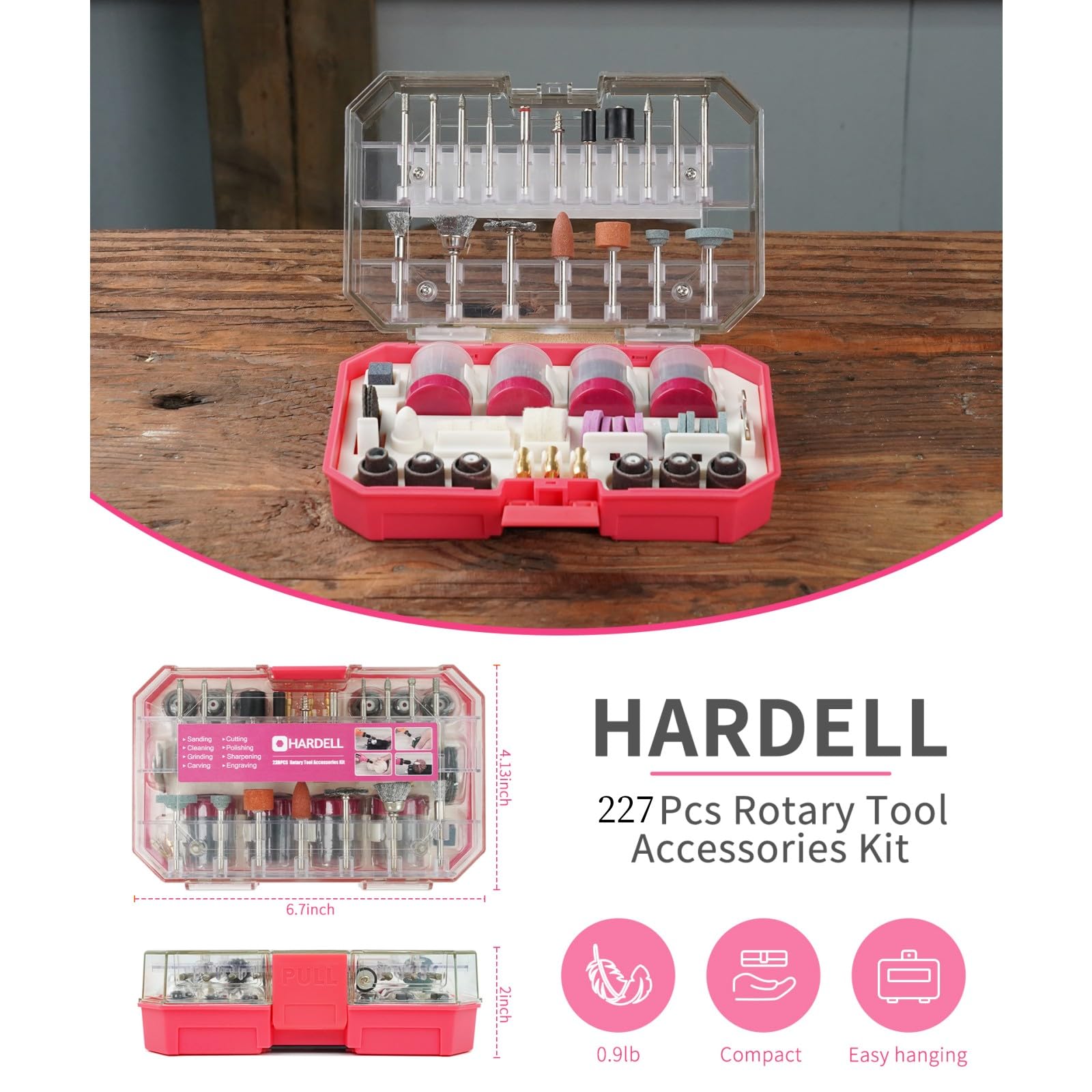 HARDELL Rotary Tool Accessories, 227pcs Power Rotary Tool Accessories Kit, 1/8"(3.2mm) Diameter Shanks, Universal Fitment for Easy Cutting, Polishing, Sanding, Carving, Grinding(Pink)