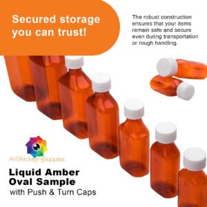 AVG Packaging Supplies Liquid Amber Oval Sample Bottles with Push & Turn Caps – Child Resistant Pharmacy Prescription Medicine Containers, 6oz Vials (100ct)