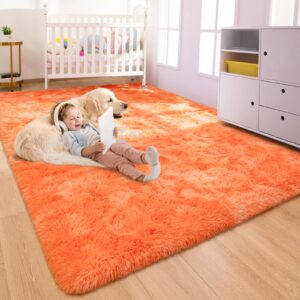 rtizon fluffy rugs for girls bedroom, 4x6 feet soft shaggy orange area rug for kids playroom living room dorm, kawaii tie-dye princess rug for baby toddler nursery, orange