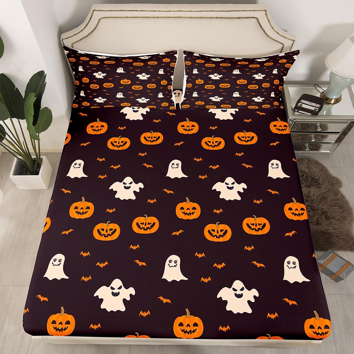 jejeloiu Pumpkin Lantern Sheet Set King Size Kids Halloween Sheets with Deep Pocket Fitted Sheet for Boys Girls Teens Pumpkin Lantern Bed Sheets Set Breathable Ghost Bedding Set Bat Bed Set